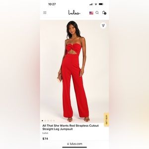 Lulu’s Red All That She Wants strapless cutout straight leg jumpsuit Size M New